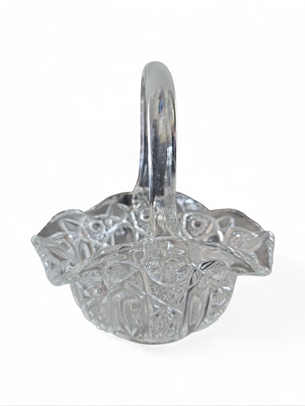 Vintage LE Smith Quintec Glass Basket: Hobstar‎ Pattern, Sawtooth Rim